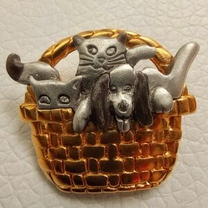 Shields Pewter Brooch Basket of Puppy and Kittens